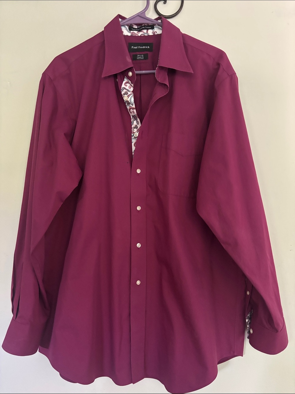 Paul Fredrick Men's Plum Dress Shirt with Patterned Inner Placket
